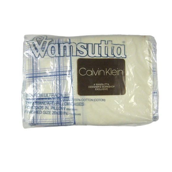 Wamsutta Pillowcase Calvin Klein 2 Standard Pillow Case Plaid Blue No Iron - Picture 1 of 4